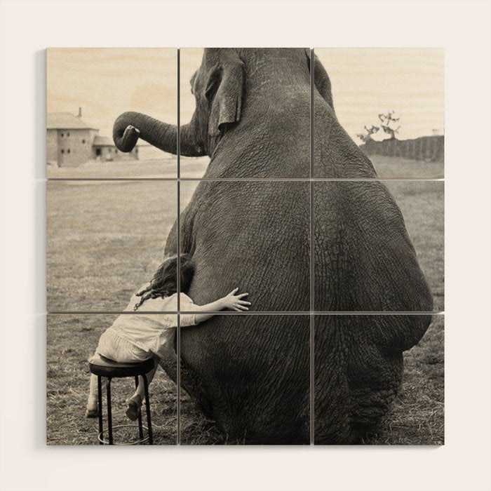 Odd Best Friends, Sweet Little Girl hugging elephant black and white photograph Wood Wall Art Gallery Image 1