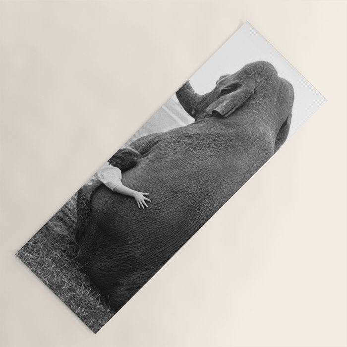 Odd Best Friends, Sweet Little Girl hugging elephant black and white photograph Yoga Mat Gallery Image 1