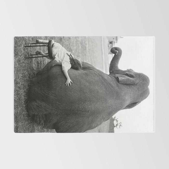 Odd Best Friends, Sweet Little Girl hugging elephant black and white photograph Rug Gallery Image 2