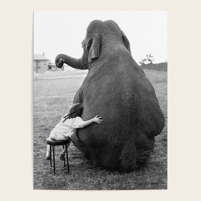 Odd Best Friends, Sweet Little Girl hugging elephant black and white photograph Poster Gallery Image 4