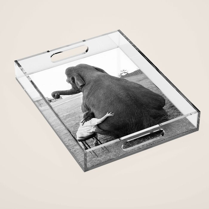Odd Best Friends, Sweet Little Girl hugging elephant black and white photograph Acrylic Tray Gallery Image 1