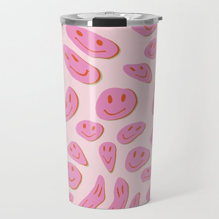70s retro pink smiles pattern  Travel Mug Gallery Image 1