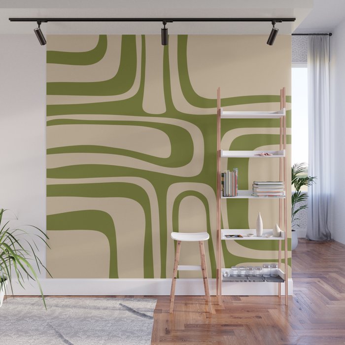 Palm Springs - Midcentury Modern Retro Pattern in Mid Mod Beige and Olive Green Wall Mural Gallery Image 1