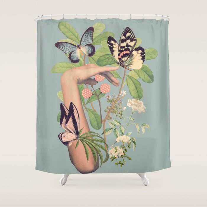 Minimal Collage/ Hand, Plants and Butterflies 4 Shower Curtain Gallery Image 1
