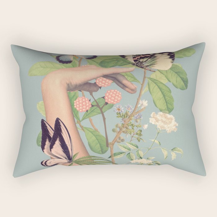Minimal Collage/ Hand, Plants and Butterflies 4 Rectangular Pillow Gallery Image 1