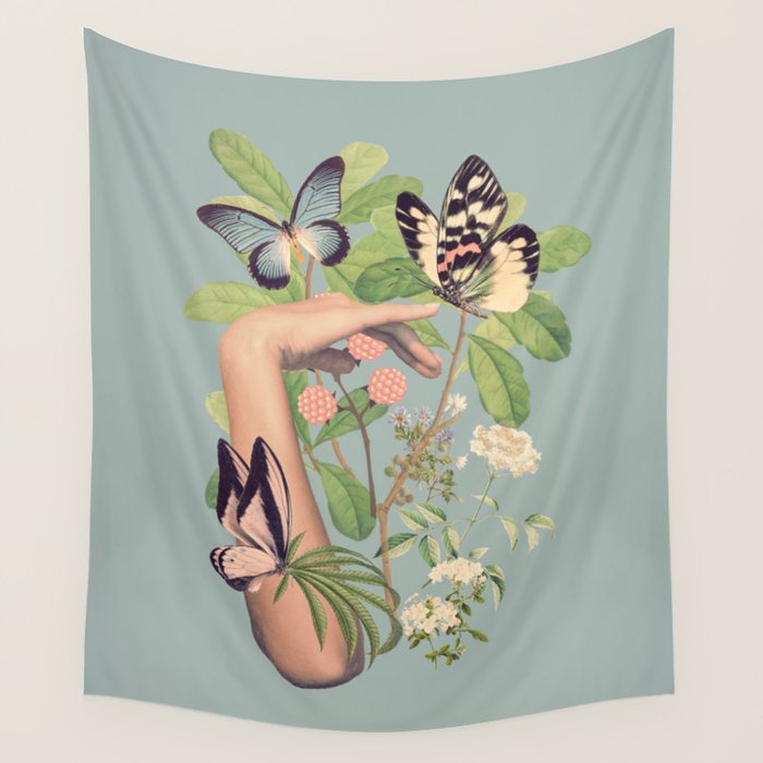 Minimal Collage/ Hand, Plants and Butterflies 4 Wall Tapestry Gallery Image 4