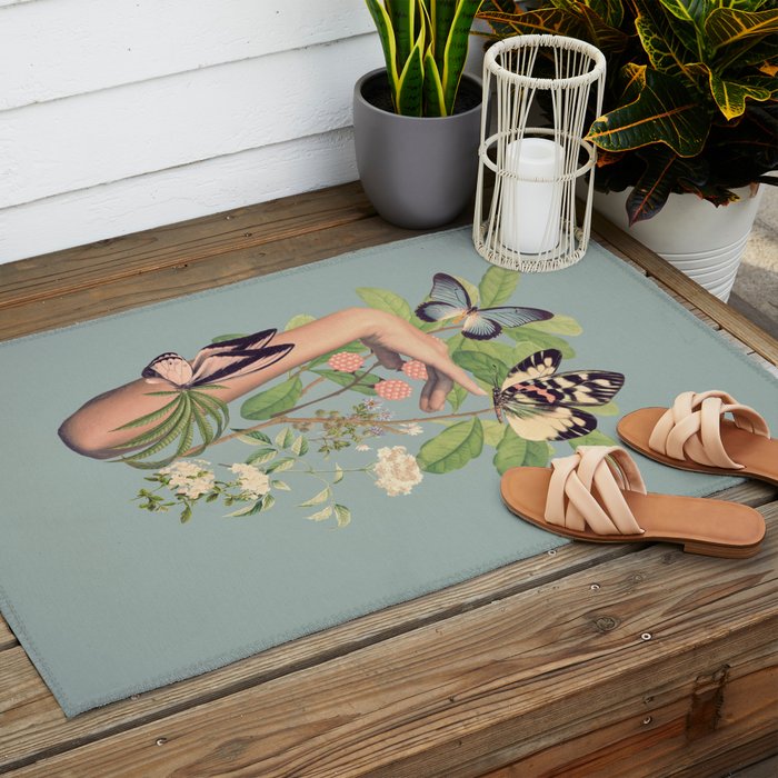 Minimal Collage/ Hand, Plants and Butterflies 4 Outdoor Rug Gallery Image 2