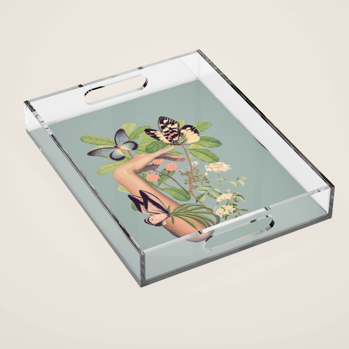 Minimal Collage/ Hand, Plants and Butterflies 4 Acrylic Tray Gallery Image 1