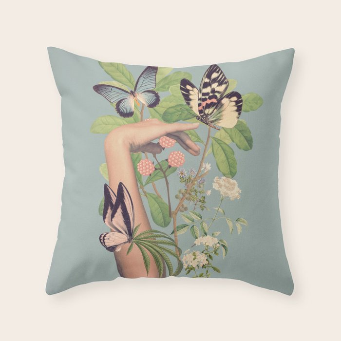Minimal Collage/ Hand, Plants and Butterflies 4 Throw Pillow Gallery Image 6