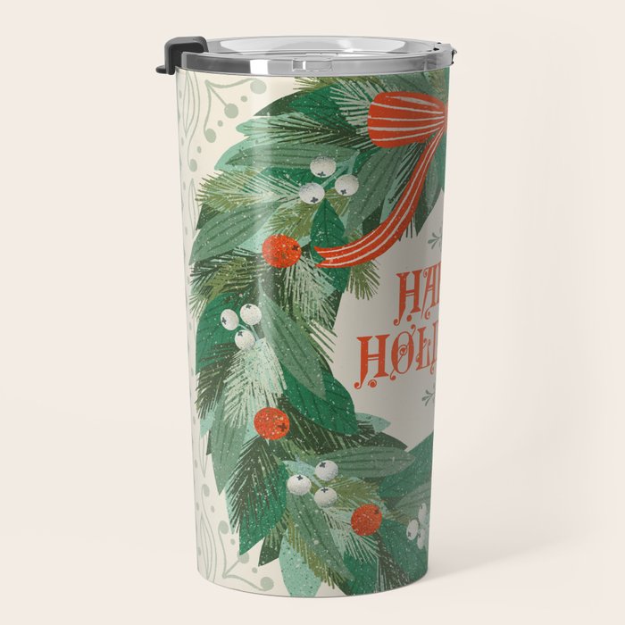 Happy Holidays Christmas Wreath Travel Mug Gallery Image 3