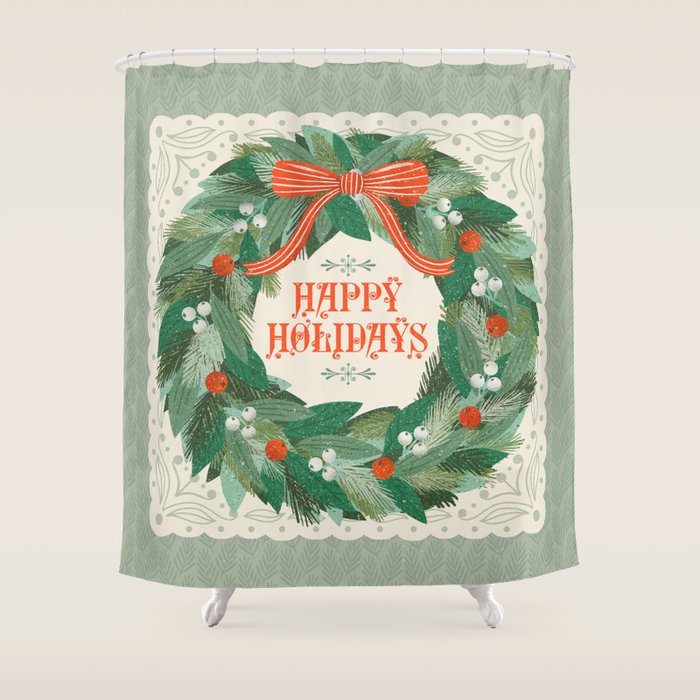 Happy Holidays Christmas Wreath Shower Curtain Gallery Image 1