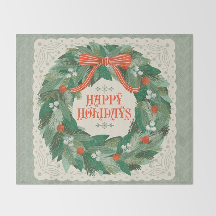 Happy Holidays Christmas Wreath Throw Blanket Gallery Image 2