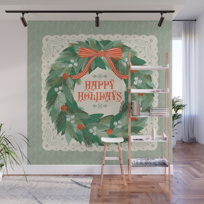 Happy Holidays Christmas Wreath Wall Mural Gallery Image 1