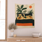 Tropical Bedside Calm Bold Sun and Plant Modern Art in Earthy Tones Wall Tapestry Gallery Image 2