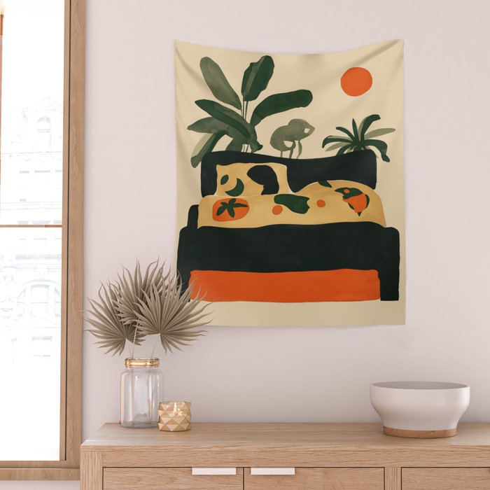 Tropical Bedside Calm Bold Sun and Plant Modern Art in Earthy Tones Wall Tapestry Gallery Image 2