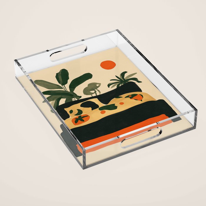 Tropical Bedside Calm Bold Sun and Plant Modern Art in Earthy Tones Acrylic Tray Gallery Image 1