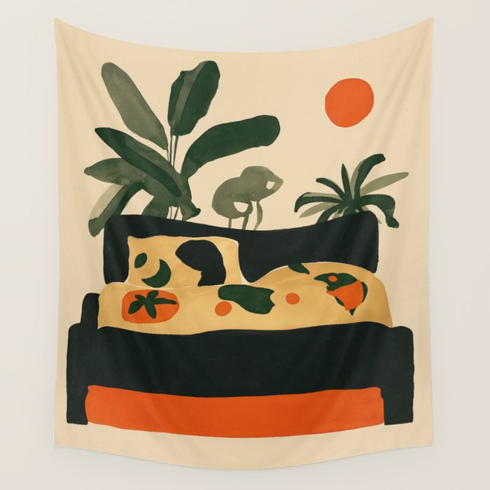 Tropical Bedside Calm Bold Sun and Plant Modern Art in Earthy Tones Wall Tapestry Gallery Image 4