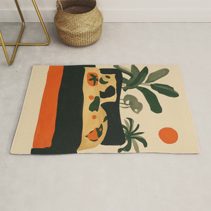 Tropical Bedside Calm Bold Sun and Plant Modern Art in Earthy Tones Rug Gallery Image 1