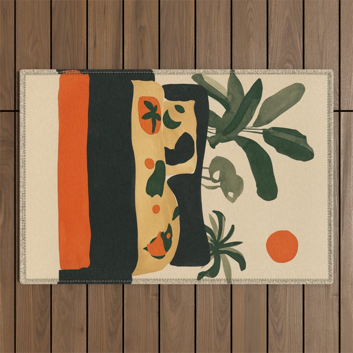 Tropical Bedside Calm Bold Sun and Plant Modern Art in Earthy Tones Outdoor Rug Gallery Image 1