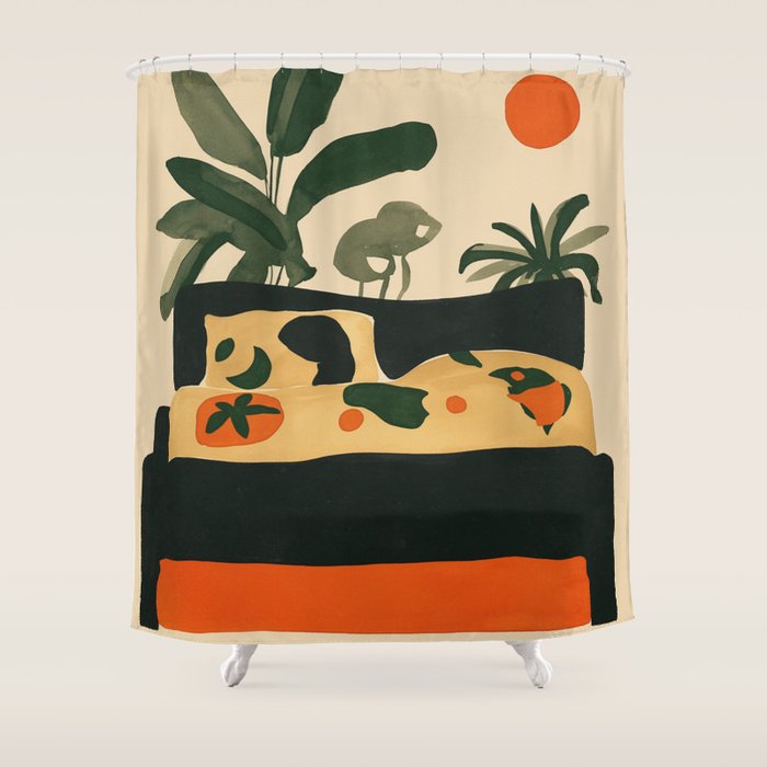 Tropical Bedside Calm Bold Sun and Plant Modern Art in Earthy Tones Shower Curtain Gallery Image 1