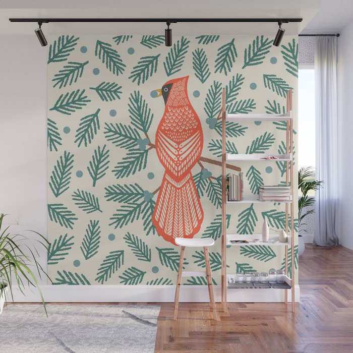 Cardinal Bird and Pine Branches Wall Mural Gallery Image 1
