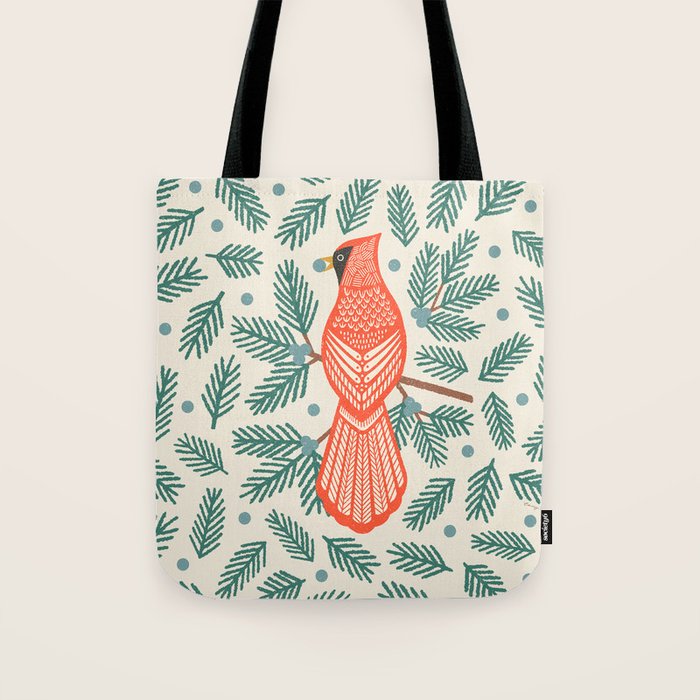 Cardinal Bird and Pine Branches Tote Bag Gallery Image 1