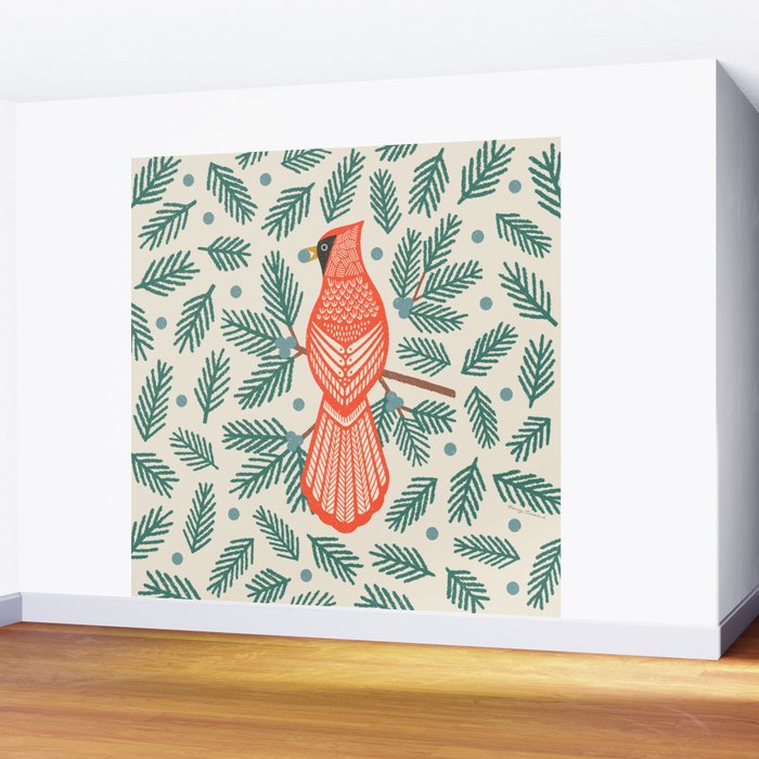 Cardinal Bird and Pine Branches Wall Mural Gallery Image 2