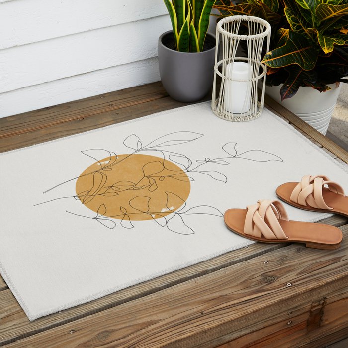 Yellow Sun and Flowers / Minimalist Line `Art  Outdoor Rug Gallery Image 2