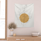 Yellow Sun and Flowers / Minimalist Line `Art  Wall Tapestry Gallery Image 2