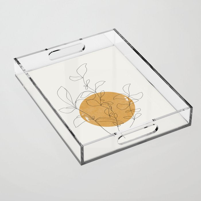 Yellow Sun and Flowers / Minimalist Line `Art  Acrylic Tray Gallery Image 1