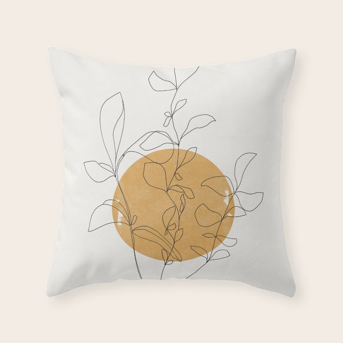 Yellow Sun and Flowers / Minimalist Line `Art  Throw Pillow Gallery Image 1