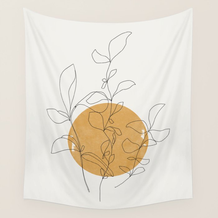 Yellow Sun and Flowers / Minimalist Line `Art  Wall Tapestry Gallery Image 4