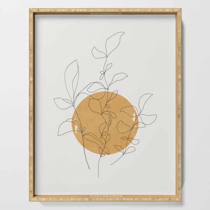 Yellow Sun and Flowers / Minimalist Line `Art  Serving Tray Gallery Image 1