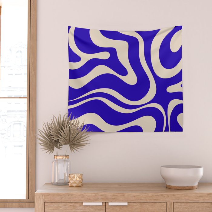 Modern Liquid Swirl Abstract Pattern Square in Cobalt Blue  Wall Tapestry Gallery Image 2