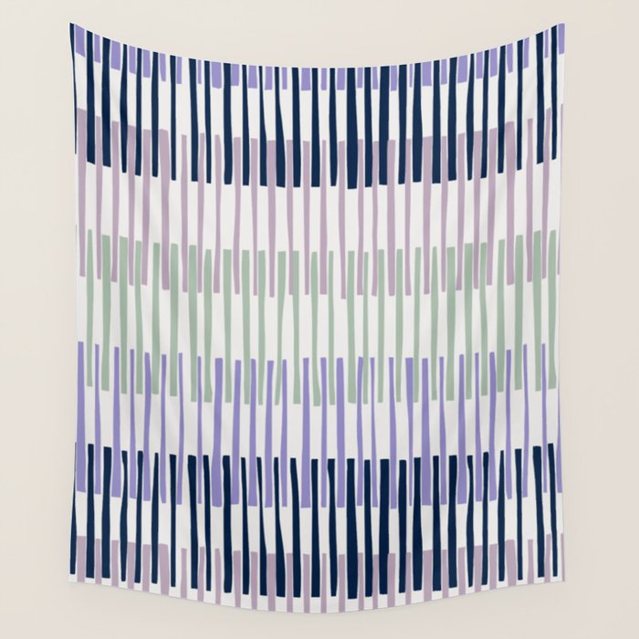 Block print geometrics stripes lilac blue Wall Tapestry Gallery Image 4