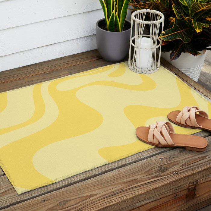 Retro Liquid Swirl Contemporary Abstract Pattern 2 in Double Butter Yellow Outdoor Rug Gallery Image 2