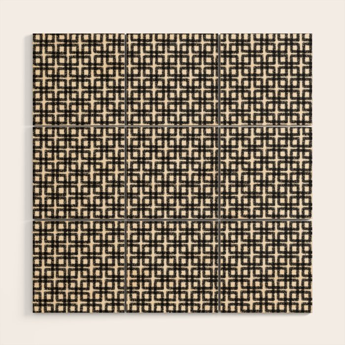 Mid Century Modern Geometric Tile Block Crayon Pattern in Black and Almond Cream Wood Wall Art Gallery Image 1
