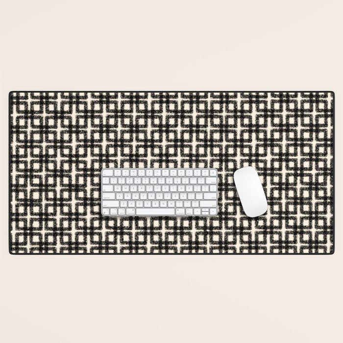 Mid Century Modern Geometric Tile Block Crayon Pattern in Black and Almond Cream Desk Mat Gallery Image 1