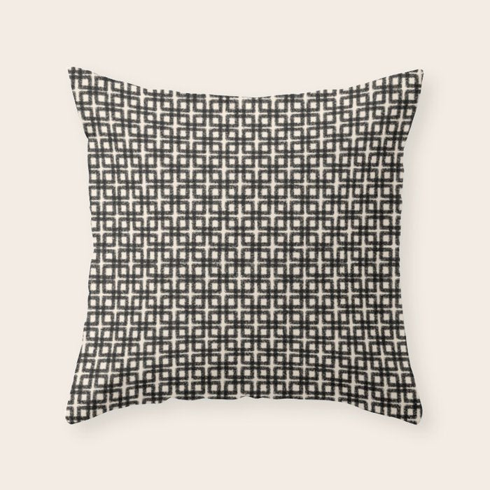 Mid Century Modern Geometric Tile Block Crayon Pattern in Black and Almond Cream Throw Pillow Gallery Image 1