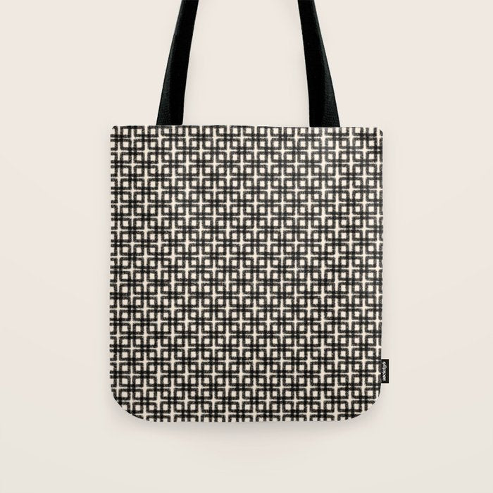 Mid Century Modern Geometric Tile Block Crayon Pattern in Black and Almond Cream Tote Bag Gallery Image 1