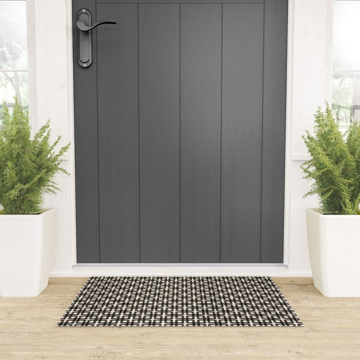 Mid Century Modern Geometric Tile Block Crayon Pattern in Black and Almond Cream Welcome Mat Gallery Image 3