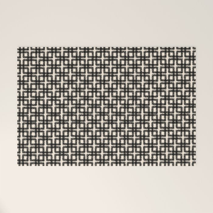 Mid Century Modern Geometric Tile Block Crayon Pattern in Black and Almond Cream Welcome Mat Gallery Image 1
