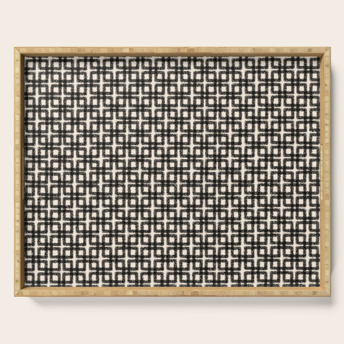 Mid Century Modern Geometric Tile Block Crayon Pattern in Black and Almond Cream Serving Tray Gallery Image 1