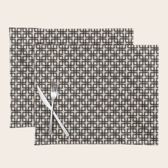 Mid Century Modern Geometric Tile Block Crayon Pattern in Black and Almond Cream Placemat Gallery Image 1
