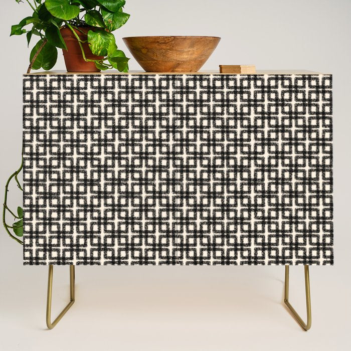 Mid Century Modern Geometric Tile Block Crayon Pattern in Black and Almond Cream Credenza Gallery Image 1