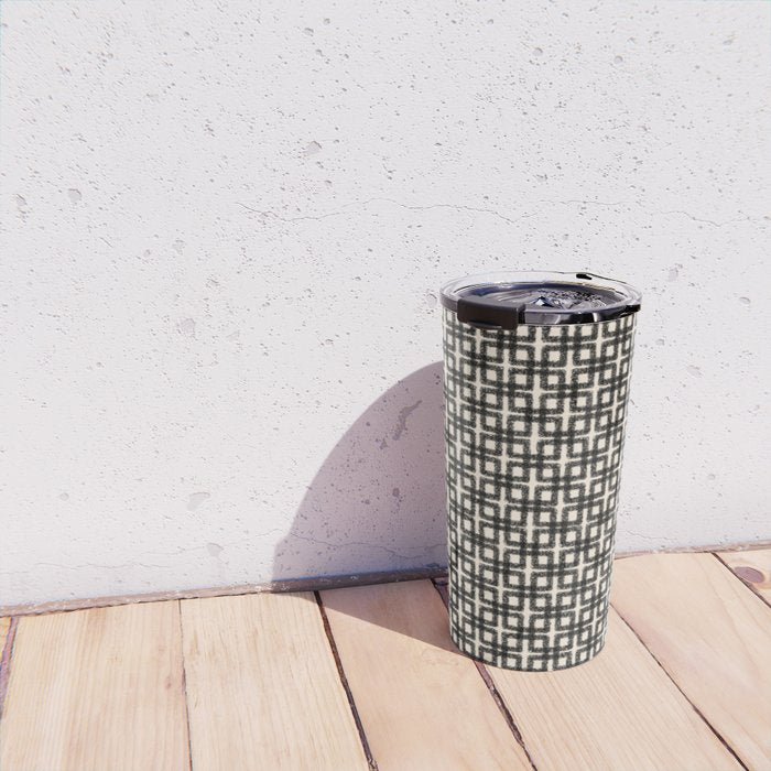 Mid Century Modern Geometric Tile Block Crayon Pattern in Black and Almond Cream Travel Mug Gallery Image 4