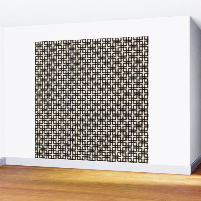 Mid Century Modern Geometric Tile Block Crayon Pattern in Black and Almond Cream Wall Mural Gallery Image 2