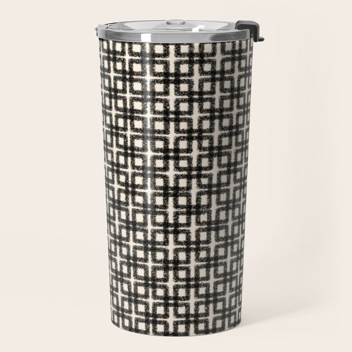 Mid Century Modern Geometric Tile Block Crayon Pattern in Black and Almond Cream Travel Mug Gallery Image 2