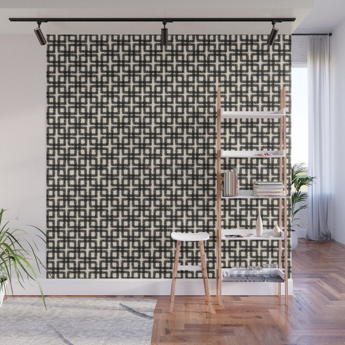 Mid Century Modern Geometric Tile Block Crayon Pattern in Black and Almond Cream Wall Mural Gallery Image 1