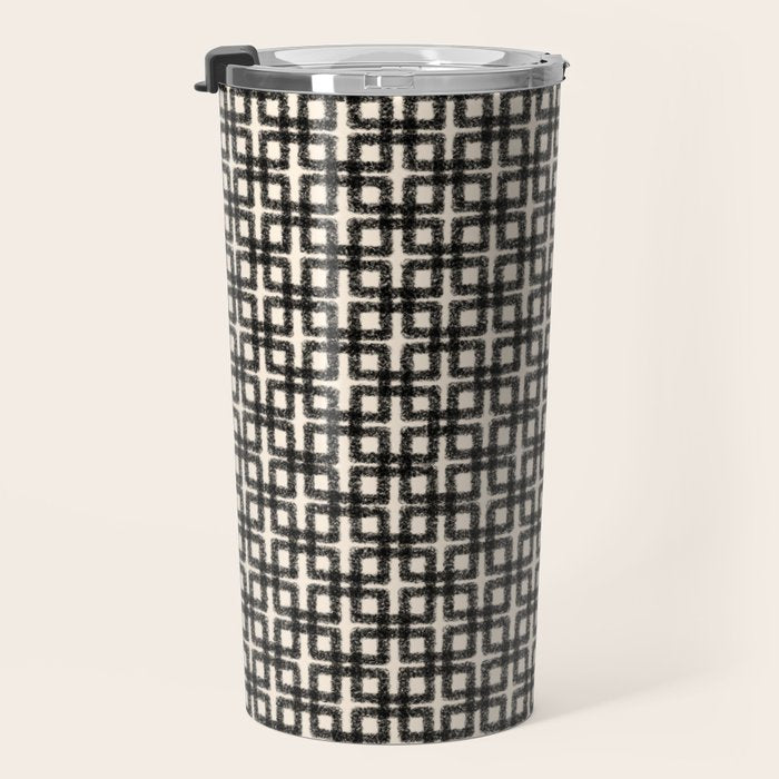 Mid Century Modern Geometric Tile Block Crayon Pattern in Black and Almond Cream Travel Mug Gallery Image 3